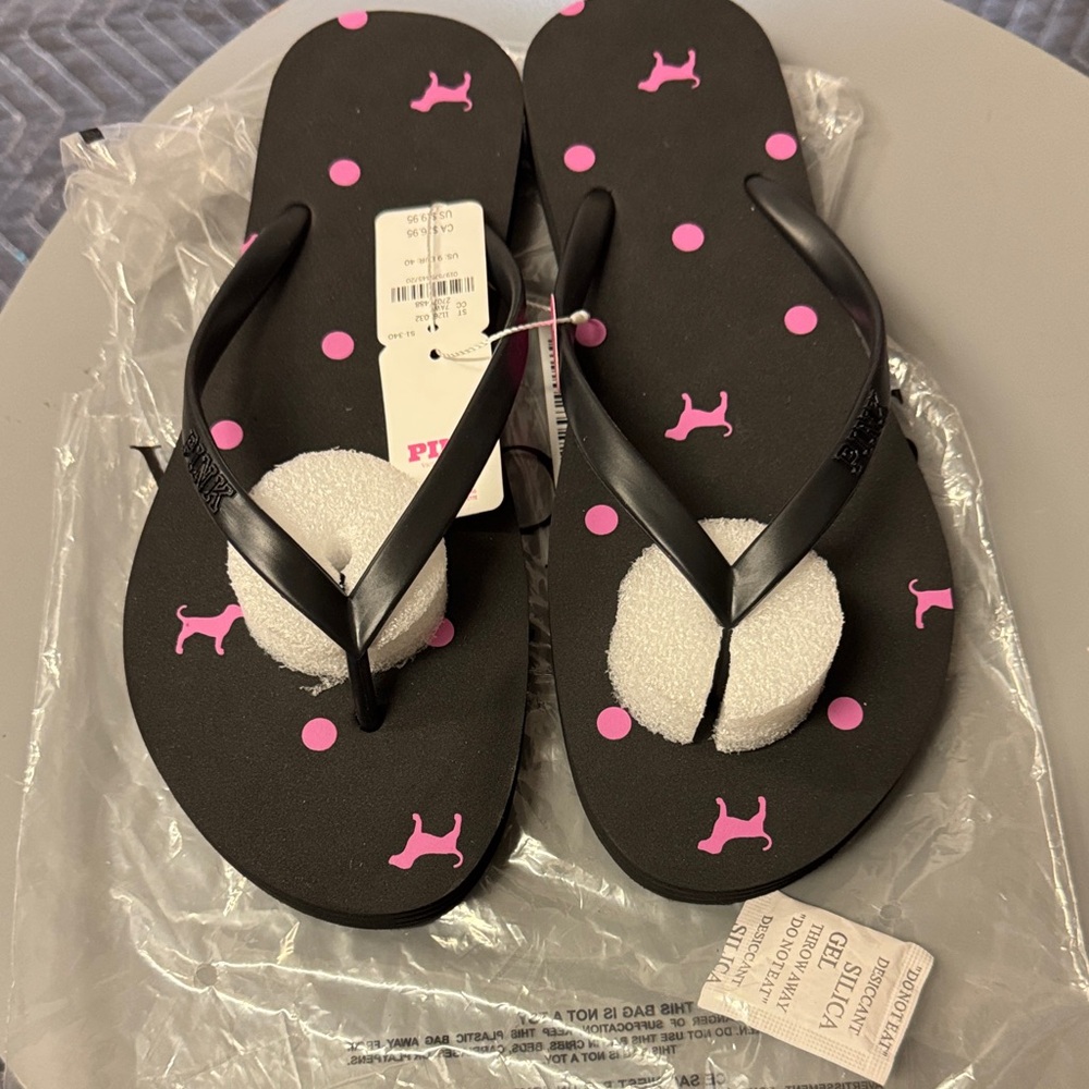PINK Victoria's Secret Black Flip Flops with Pink Accents